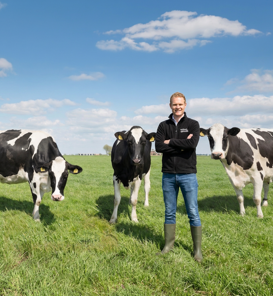 Vincent Mathot van United Growth in het weiland met koeien